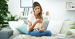 Woman, diabetes and test for glucose in home, sofa and self care with results, monitor and check in lounge. Person, stats and blood sample for wellness, tech and assessment on couch at apartment