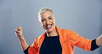 Dance, energy and portrait of excited woman in studio for celebration, clubbing or party fun. Moving, music and smile of happy dancer person on gray background mockup for beat, choreography or rhythm