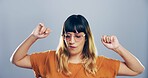 Dance, energy and glasses with woman in studio for celebration, clubbing or party fun. Moving, music and serious with dancer person on gray background mockup for beat, choreography or rhythm