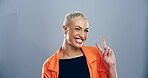Portrait, peace sign and woman with smile, icon and confidence on blue studio background. Face, happy person and model with hand gesture, support and agreement with symbol, good vibes and emoji