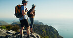 Couple, hiking and view on mountain, travel and adventure  for backpacking in nature. Summit, support and space, woman and man outdoor for trekking and tourism with sightseeing on cliff in Thailand