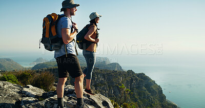 Buy stock photo Couple, hiking and view on mountain, travel and adventure  for backpacking in nature. Summit, support and space, woman and man outdoor for trekking and tourism with sightseeing on cliff in Thailand
