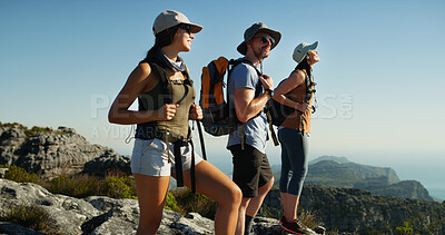 Buy stock photo Friends, hiking and view with people on mountain, travel and adventure with group backpacking in nature. Summit, support and women with man outdoor, trekking and tourism with sightseeing in Thailand