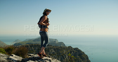 Buy stock photo Hiking, fitness and thinking with woman on cliff for travel adventure, nature and health. Space, reflection and vacation with person outdoor view on mountain for trekking holiday, explore and peace