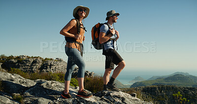 Buy stock photo Couple, hiking and view on mountain, adventure and travel for backpacking in nature. Summit, support and vacation, woman and man outdoor for trekking and tourism with sightseeing in Thailand