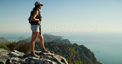 Buy stock photo Hiking, view and thinking with woman on cliff for travel adventure, nature and workout. Fitness, reflection and exercise with person outdoor space on mountain for trekking holiday, explore and peace