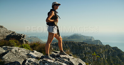 Buy stock photo Hiking, mountain and thinking with woman in nature for fitness, travel adventure and workout. Space, reflection and exercise with person outdoor view on cliff for trekking holiday, explore and peace