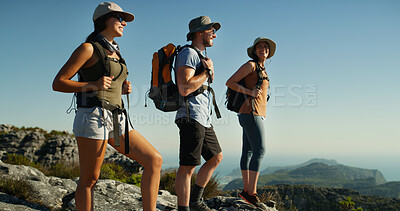 Buy stock photo Friends, hiking and travel with group on mountain, view and adventure with people backpacking in nature. Summit, support and women with man outdoor, trekking and tourism with sightseeing in Thailand