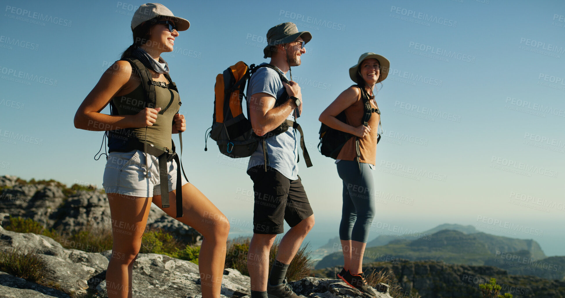 Buy stock photo Friends, hiking and travel with group on mountain, view and adventure with people backpacking in nature. Summit, support and women with man outdoor, trekking and tourism with sightseeing in Thailand