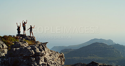 Buy stock photo Hiking, group and friends on mountain, outdoor or scenery in nature, space or adventure for tourists. Travel, backpacking and people on holiday for freedom, view or back of traveller in environment