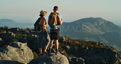 Buy stock photo Couple, hiking and horizon view on mountain, travel and background with happy people outdoor. Summit, sky and support with backpacking for vacation, tourism and adventure with hikers in Thailand