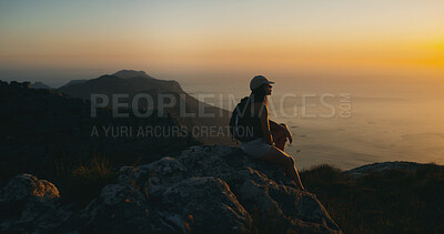 Buy stock photo Thinking, hiking and woman with sunset, fitness and calm with weekend break, journey and hobby. Person, outdoor space or hiker with wellness, healthy or daydreaming with vacation, trekking and travel