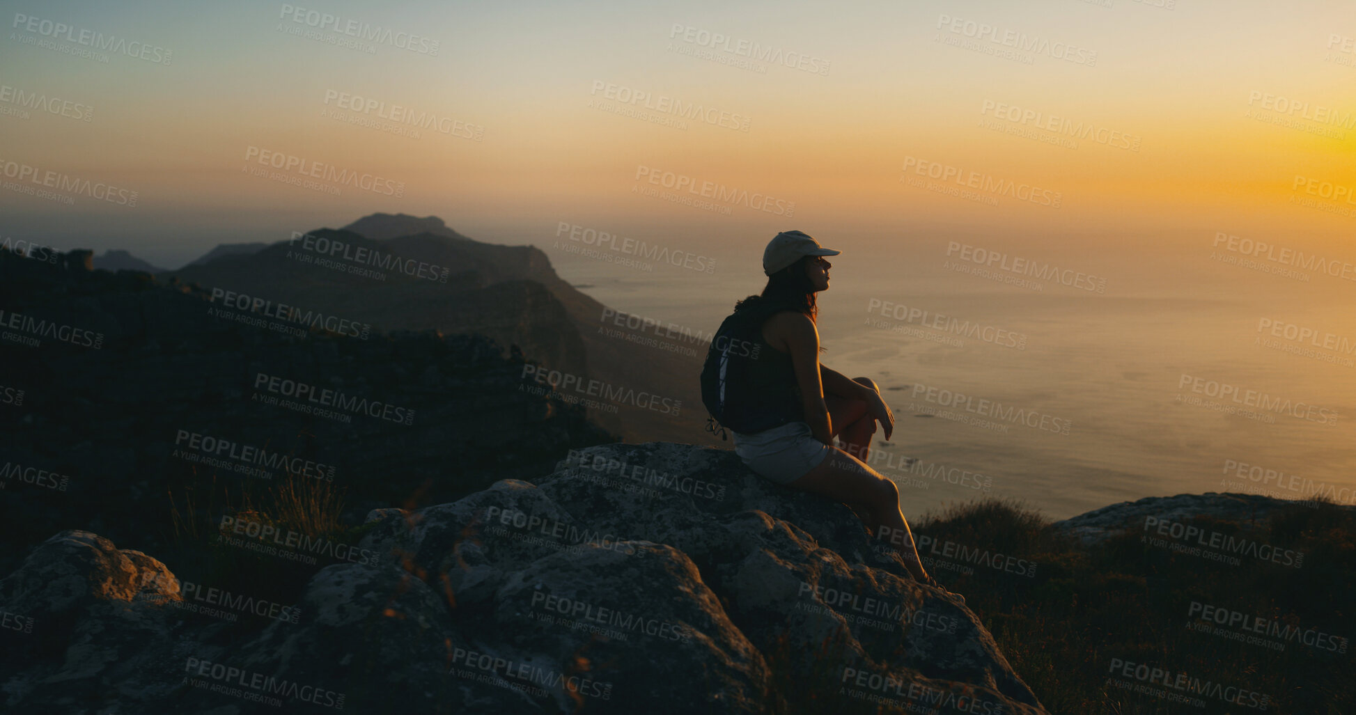 Buy stock photo Thinking, hiking and woman with sunset, fitness and calm with weekend break, journey and hobby. Person, outdoor space or hiker with wellness, healthy or daydreaming with vacation, trekking and travel