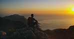 Thinking, hiking and man with sunset, fitness and travel with weekend break, journey and ocean. Person, outdoor and hiker with wellness, healthy and daydreaming with vacation, trekking and hobby