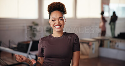 Buy stock photo Fitness, portrait and woman with smile, gym and wellness in morning, personal trainer and confident. Happy, people and  exercise specialist with pride for new job, athlete and girl in health club