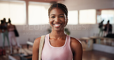 Buy stock photo Fitness, smile and girl in portrait in pilates class for exercise, about us pride or morning routine. Instructor, yogi and happy for yoga session, posture wellness and health with bag for sportswear