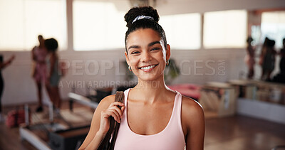Buy stock photo Fitness, happy and girl in portrait in pilates class for wellness, about us pride or confidence. Personal trainer, yogi and smile for yoga session, posture exercise and health with bag for sportswear