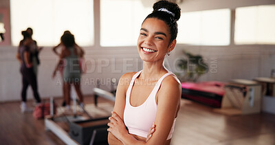 Buy stock photo Fitness, smile and woman with arms crossed, gym and portrait in morning, personal trainer and confident. Happy, people and exercise specialist with pride for new job, athlete and girl in health club