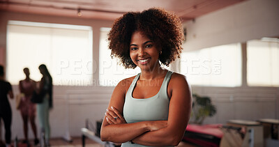 Buy stock photo Portrait, happy and woman with arms crossed, gym and confident in morning, fitness and personal trainer. Smile, people and exercise specialist with pride for new job, athlete and girl in health club
