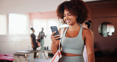 Buy stock photo Fitness, happy woman and online with mobile in gym, health club and application for scroll. Walking, female person and chat with phone for exercise video, social media and virtual tutorial for cardio