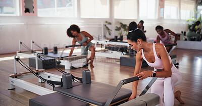 Buy stock photo Fitness, pilates and woman start on machine in class for exercise, workout and training. Personal trainer, gym and people on reformer equipment for health, wellness and challenge for core strength
