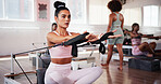 Arm workout, pilates and women on machine in class for exercise, yoga and training for fitness. Personal trainer, gym and people on reformer equipment for health, wellness and challenge for strength