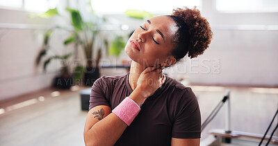 Buy stock photo Gym, ache and woman with neck pain for fitness, muscle tension and inflammation in studio. Health club, female person and wellness with massage for joint injury, discomfort and sore for workout