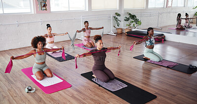 Buy stock photo Pilates, exercise and people with resistance band in class for training, workout and mobility. Fitness, gym and women with equipment for stretching arms for wellness, health or challenge for strength