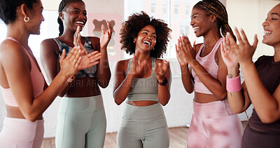 Buy stock photo Women, applause and team with celebration at gym with support, achievement and fitness at club. People, friends and happy with success, goals and cheers for training, exercise and wellness at class