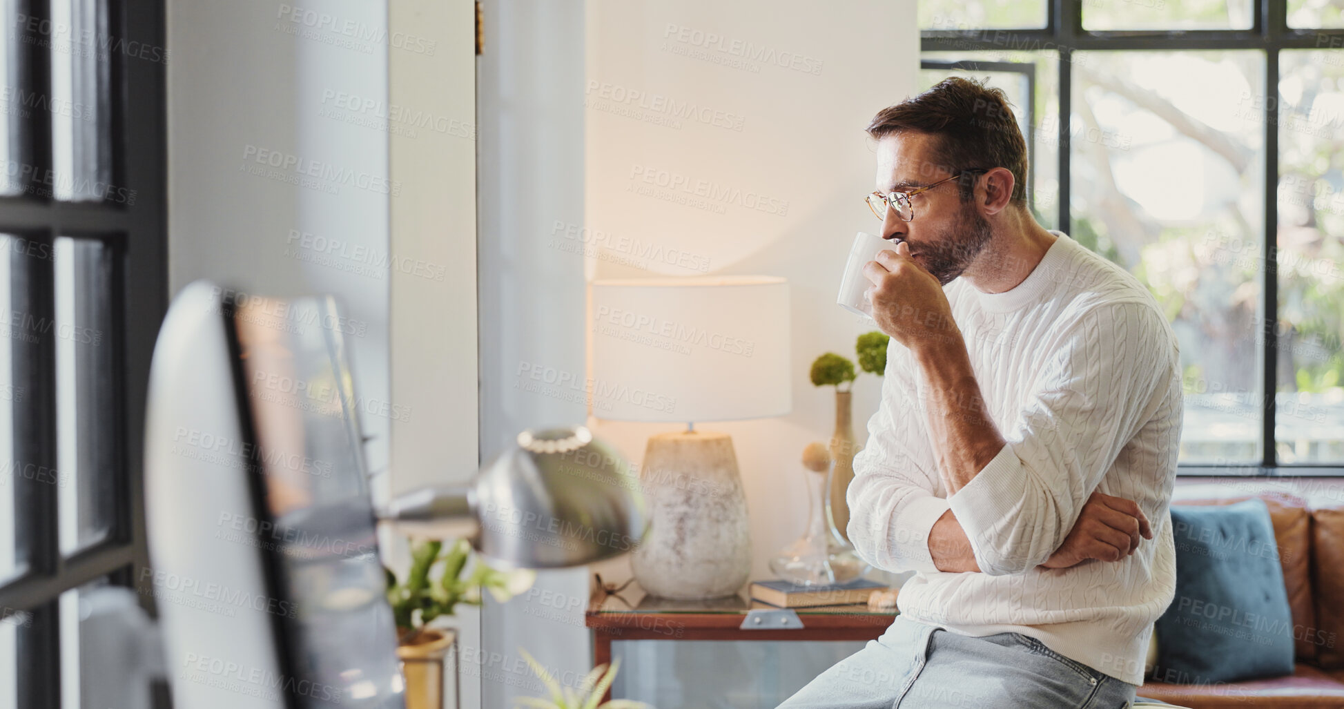Buy stock photo Remote work from home, thinking and man with ideas, contemplation and problem solving. Person, freelancer and creative writer in lounge, computer or review with decision, choice and thoughtful