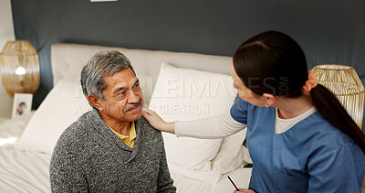Buy stock photo Nurse, mature man and discussion with support, empathy and healthcare for retirement. Patient, caregiver and pensioner with nursing home, rehabilitation and bed for medical consulting and service