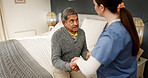 Nurse, senior man and discussion with support, empathy and healthcare for retirement. Patient, caregiver and pensioner with nursing home, rehabilitation and bed for medical consulting and service