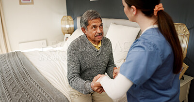 Buy stock photo Nurse, senior man and discussion with support, empathy and healthcare for retirement. Patient, caregiver and pensioner with nursing home, rehabilitation and bed for medical consulting and service