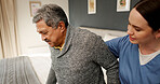 Senior man, nurse and help for walking in bedroom, home and support for balance, steps and recovery. Elderly person with disability, caregiver and guide for rehabilitation from injury in retirement