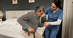Senior man, nurse and help with walking stick in bedroom, home or support for balance with recovery. Elderly person with disability, caregiver and cane for rehabilitation from injury in retirement