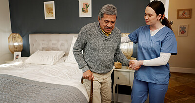 Buy stock photo Senior man, nurse and help with cane in bedroom, home or support for balance with recovery. Elderly person with disability, caregiver and walking stick for rehabilitation from injury in retirement
