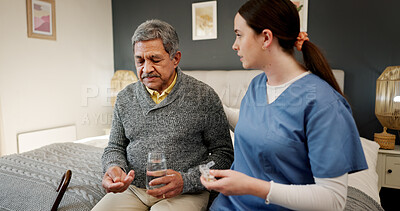 Buy stock photo Medication, water and nurse with senior man in home for pills, supplements or vitamins for wellness. Health, helping and caregiver with elderly patient for tablets with treatment in nursing facility.