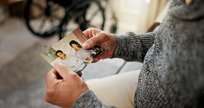 Buy stock photo Home, hands or old man with pictures, nostalgia and healing with memory, relax or wonder. Pensioner, bedroom or mature person with retirement, thinking or remember partner with photography or history