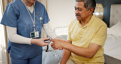 Buy stock photo Woman, nurse and machine for pulse check, blood level and heart rate in nursing home. Caregiver, explain oximeter and mature patient for hypertension, respiration test and medical results at house