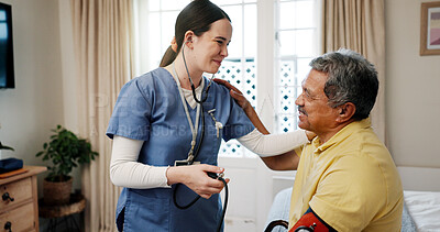 Buy stock photo Senior man, nurse and blood pressure test in home, bedroom and happy with kindness for medical check. Elderly person, caregiver and smile for results, support and healthcare services in retirement