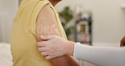 Buy stock photo Physiotherapy, plaster and hands of person with patient for medical care, support and consultation. Health, bandage and chiropractor with injection for muscle relaxer, cortisone and physical therapy