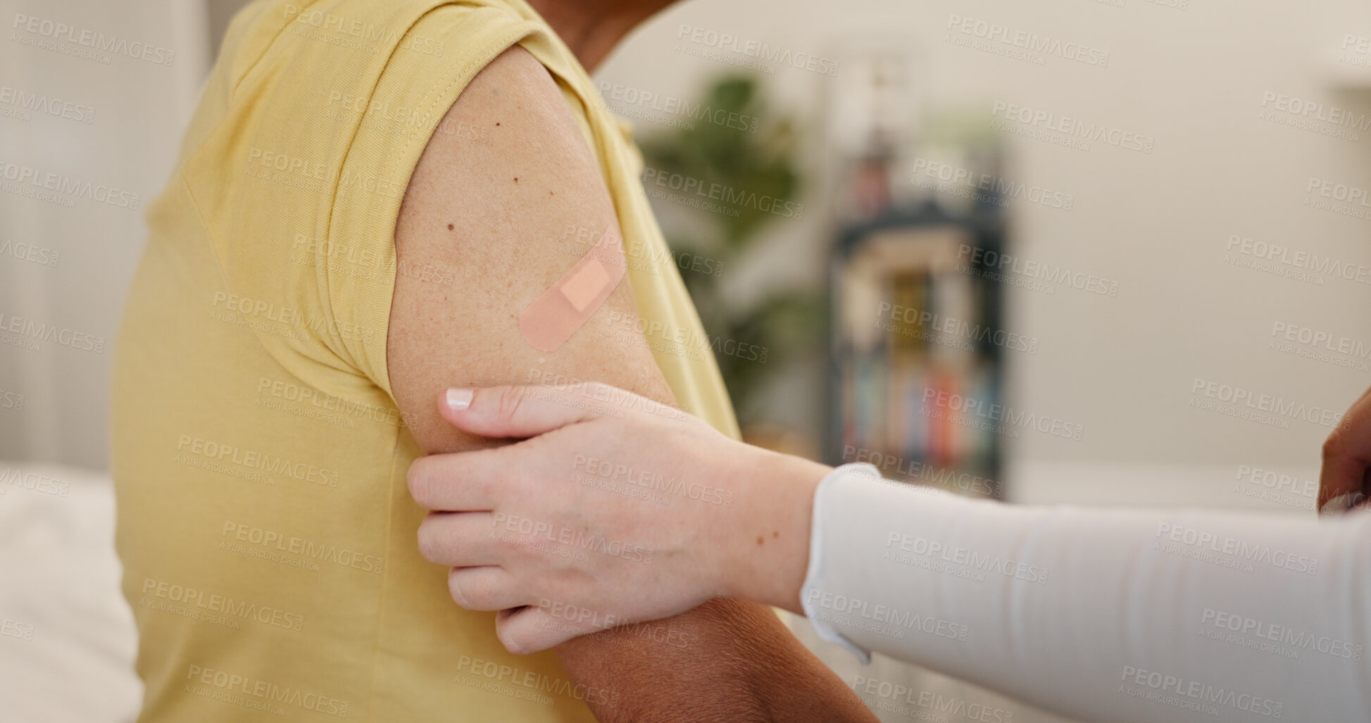 Buy stock photo Physiotherapy, plaster and hands of person with patient for medical care, support and consultation. Health, bandage and chiropractor with injection for muscle relaxer, cortisone and physical therapy