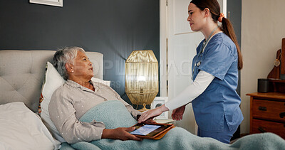 Buy stock photo Empathy, senior woman and caregiver in bed, bonding or care for elderly patient with Alzheimer. Healthcare, recovery and old person with tablet in nursing home, rehabilitation or happy with nurse