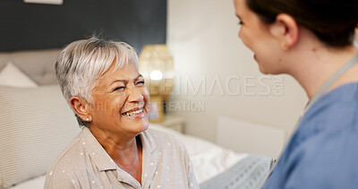 Buy stock photo Happy, senior woman and caregiver in nursing home, talking and care for elderly patient with Alzheimer. Healthcare, recovery and old person in bedroom for rehabilitation, smile and bonding with nurse