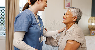 Buy stock photo Happy senior woman, nurse or plaster for injection, vaccine or protection from virus germs. Elderly patient, smile or caregiver with bandage for inoculation, wellness or healthcare in retirement home