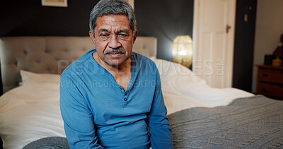 Buy stock photo Thinking, depression and senior man in bedroom in retirement home with loneliness, sad and mental health. Upset, insomnia and tired elderly male person on bed with dementia in nursing facility.