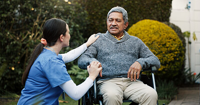 Buy stock photo Assisted living, retirement or wheelchair with nurse and old man outdoor in garden for senior care. Conversation, health or wellness and caregiver speaking to person with disability in backyard