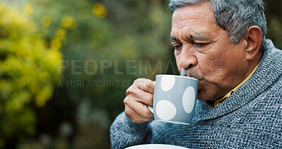 Buy stock photo Nature, coffee and senior man in garden for morning relax, peace and calm in backyard of home. Retirement, wellness and elderly male person drinking green tea outdoor at nursing facility for health.