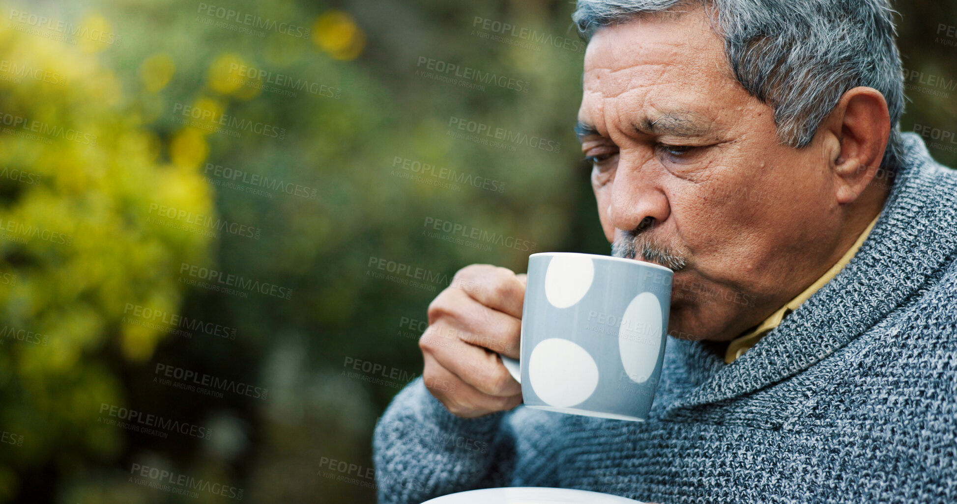 Buy stock photo Nature, coffee and senior man in garden for morning relax, peace and calm in backyard of home. Retirement, wellness and elderly male person drinking green tea outdoor at nursing facility for health.