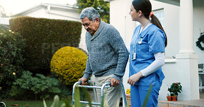 Buy stock photo Retirement home, caregiver and senior man with walker outdoor for mobility support, healing or medical service. Healthcare, nurse and elderly person with disability for recovery, helping or fresh air
